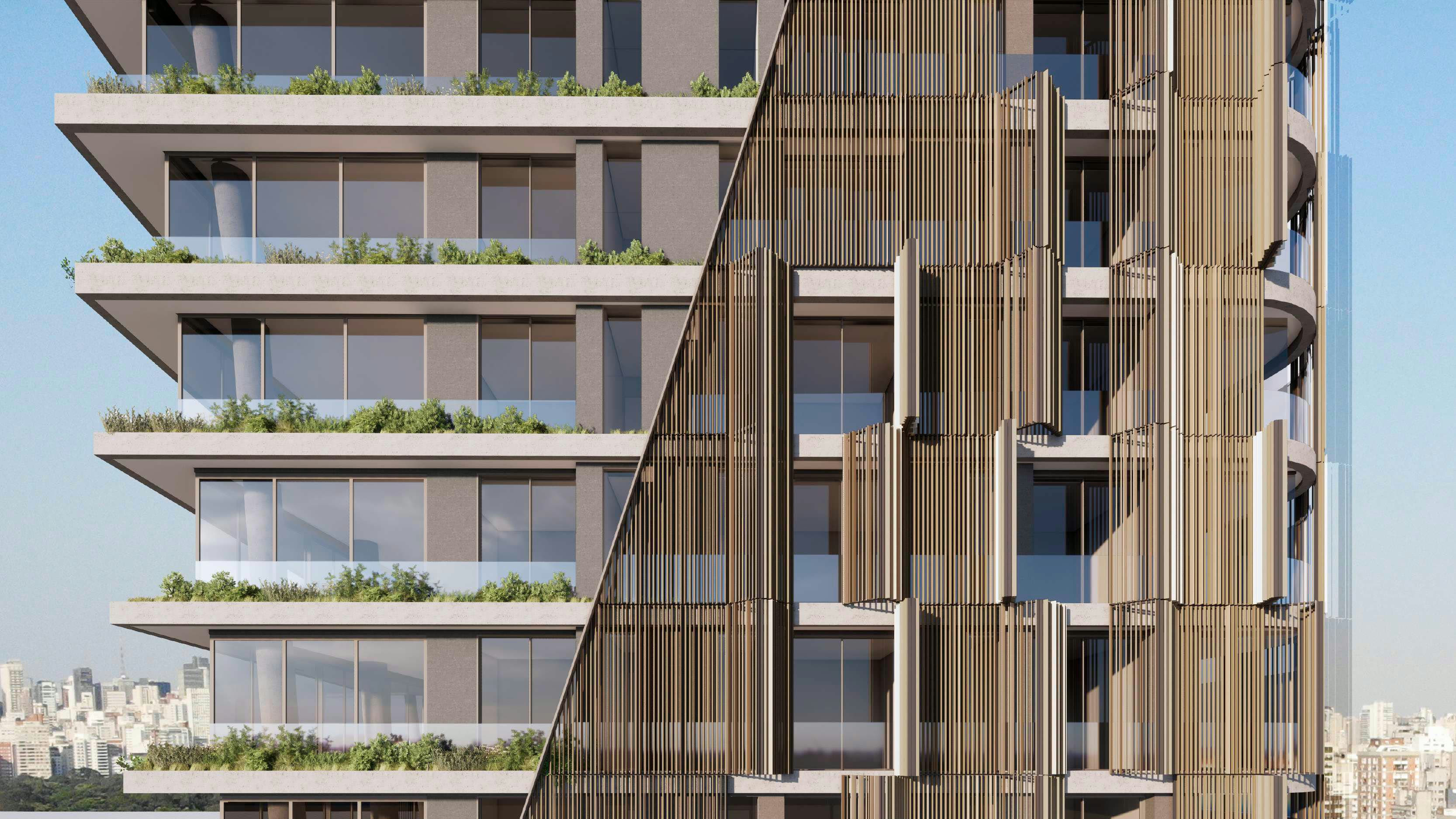 Detalhe construtivo da fachada com brises e verde permanente