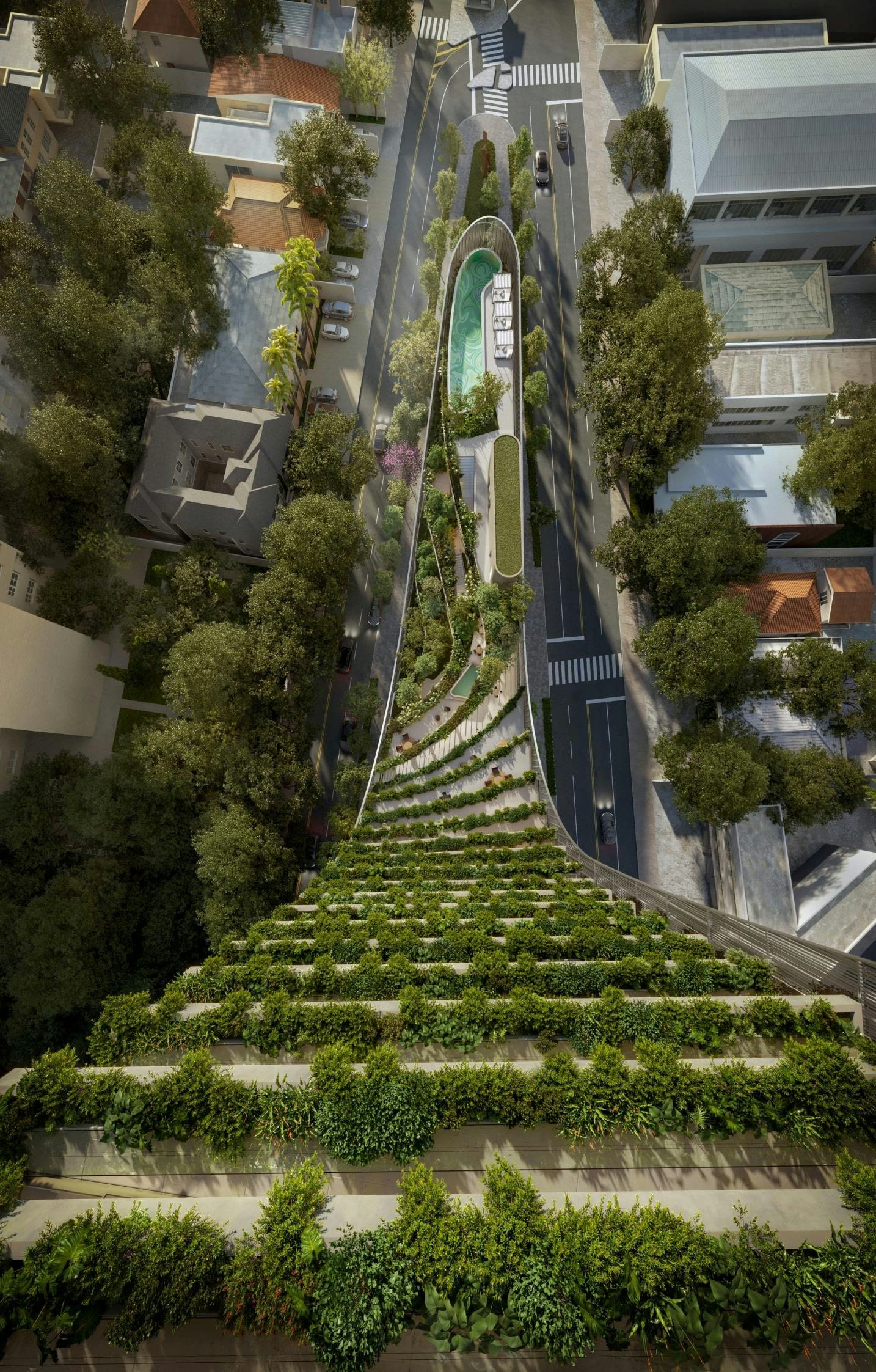 Vista aérea do 280 Art Boulevard e paisagismo de Alex Hanazaki, entre Jardim Europa e Itaim Bibi